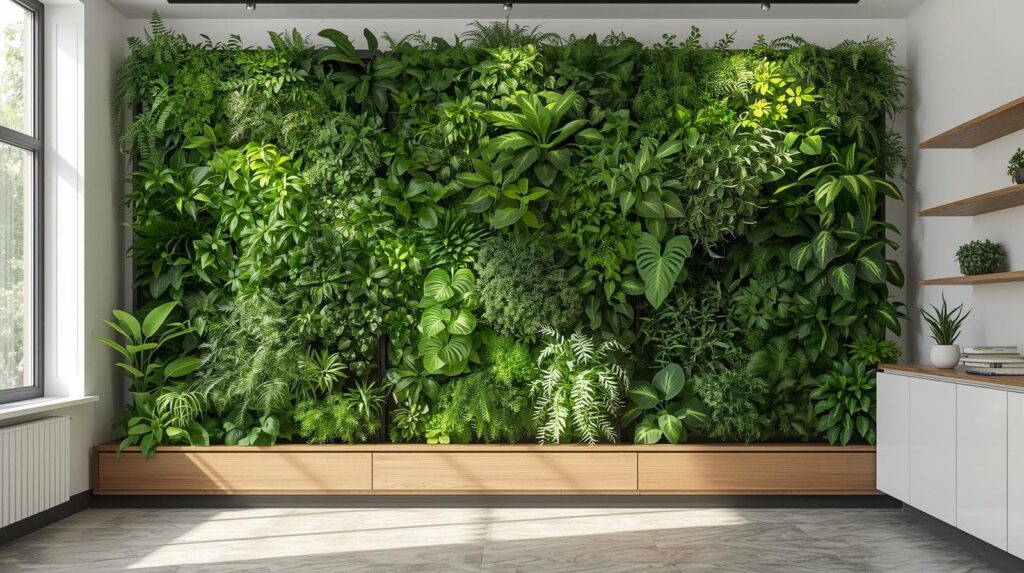 Biophilic design living wall with vertical garden featuring variety of lush green plants in modern interior