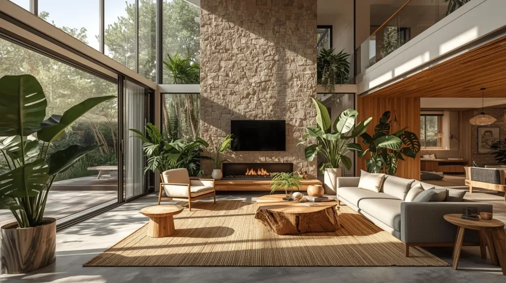 Biophilic design living room with floor-to-ceiling windows, indoor plants, natural wood furniture, and seamless indoor-outdoor connection