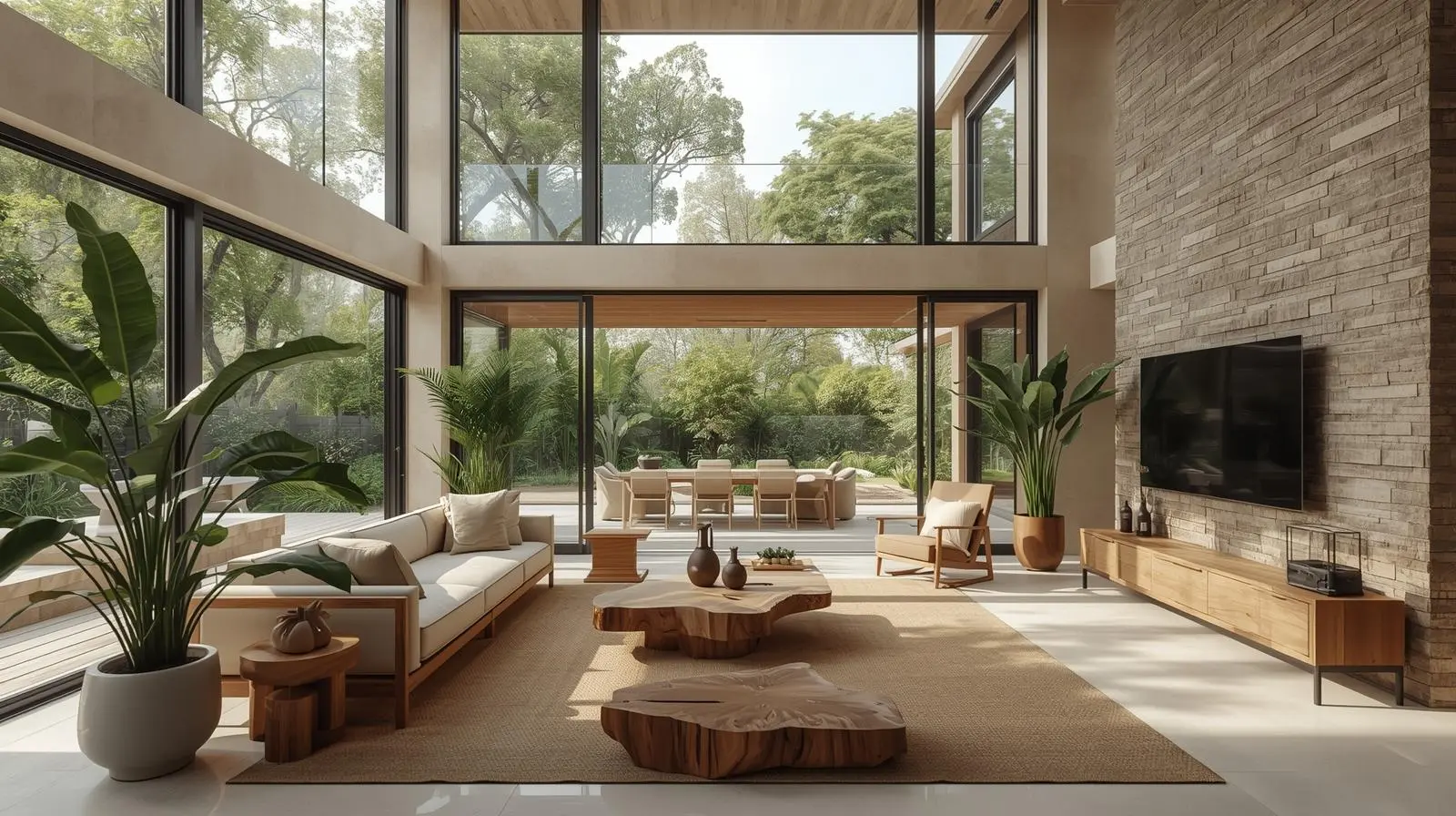 Biophilic design living room with floor-to-ceiling windows, indoor plants, natural wood furniture, and seamless indoor-outdoor connection