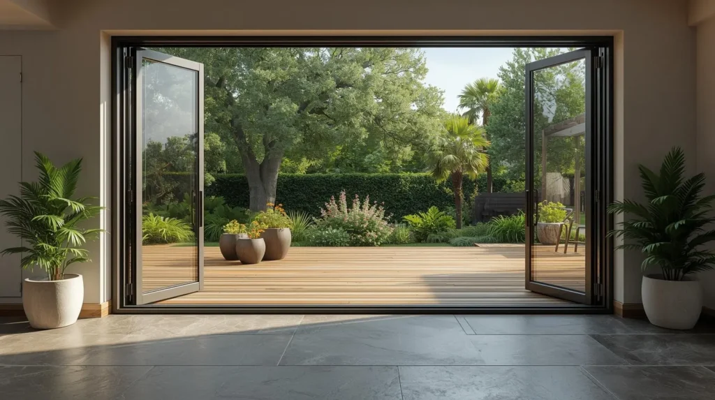 Biophilic design indoor-outdoor connection with folding glass doors creating seamless transition to garden