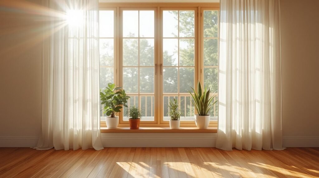 Biophilic design natural light through large windows with sheer curtains and windowsill plants
