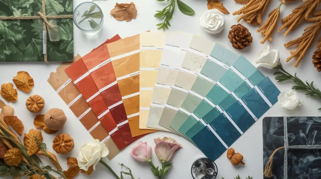 Elegant flat lay of feng shui color palette swatches organized by element - wood (greens, browns), fire (reds, oranges), earth (beiges, yellows), metal (whites, grays), water (blues, blacks), professional product photography, clean white background, top view