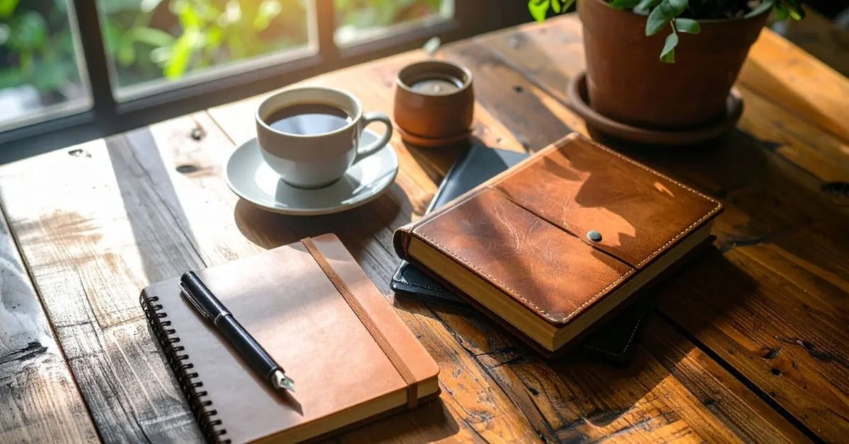 Shadow work journal prompts journaling scene with open journal, pen, candlelight, and tea creating introspective atmosphere