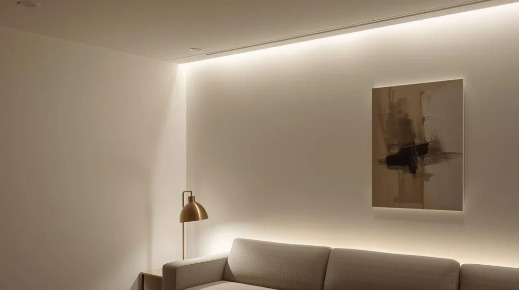 Thoughtful artificial lighting design supports minimalist living room ideas 