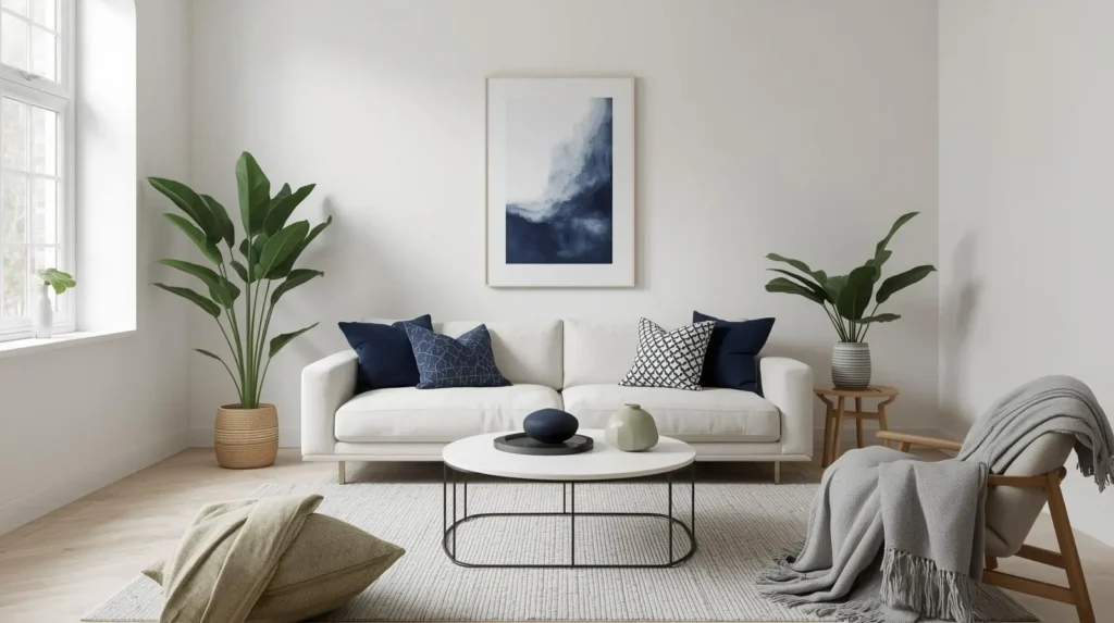 living room Single accent color approach maintains visual simplicity while adding personality to minimalist living room ideas through consistent use of one carefully chosen color throughout the space. This might involve navy blue pillows, artwork, and a single decorative object, or sage green plants, throw blankets, and ceramic pieces that create cohesion without overwhelming the neutral foundation.