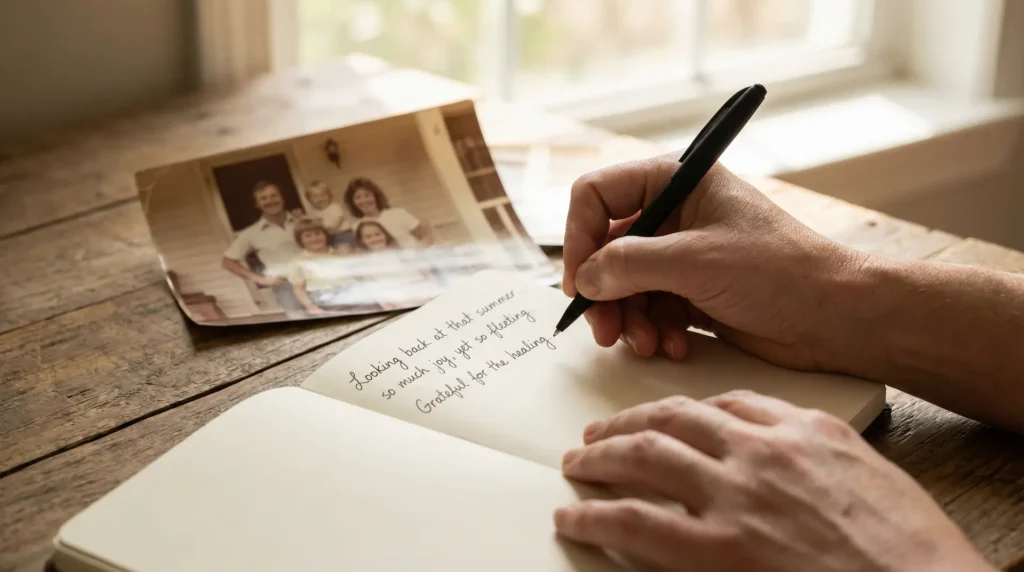 Shadow work journal prompts for childhood healing with vintage family photos and person writing reflections on family patterns and memories
